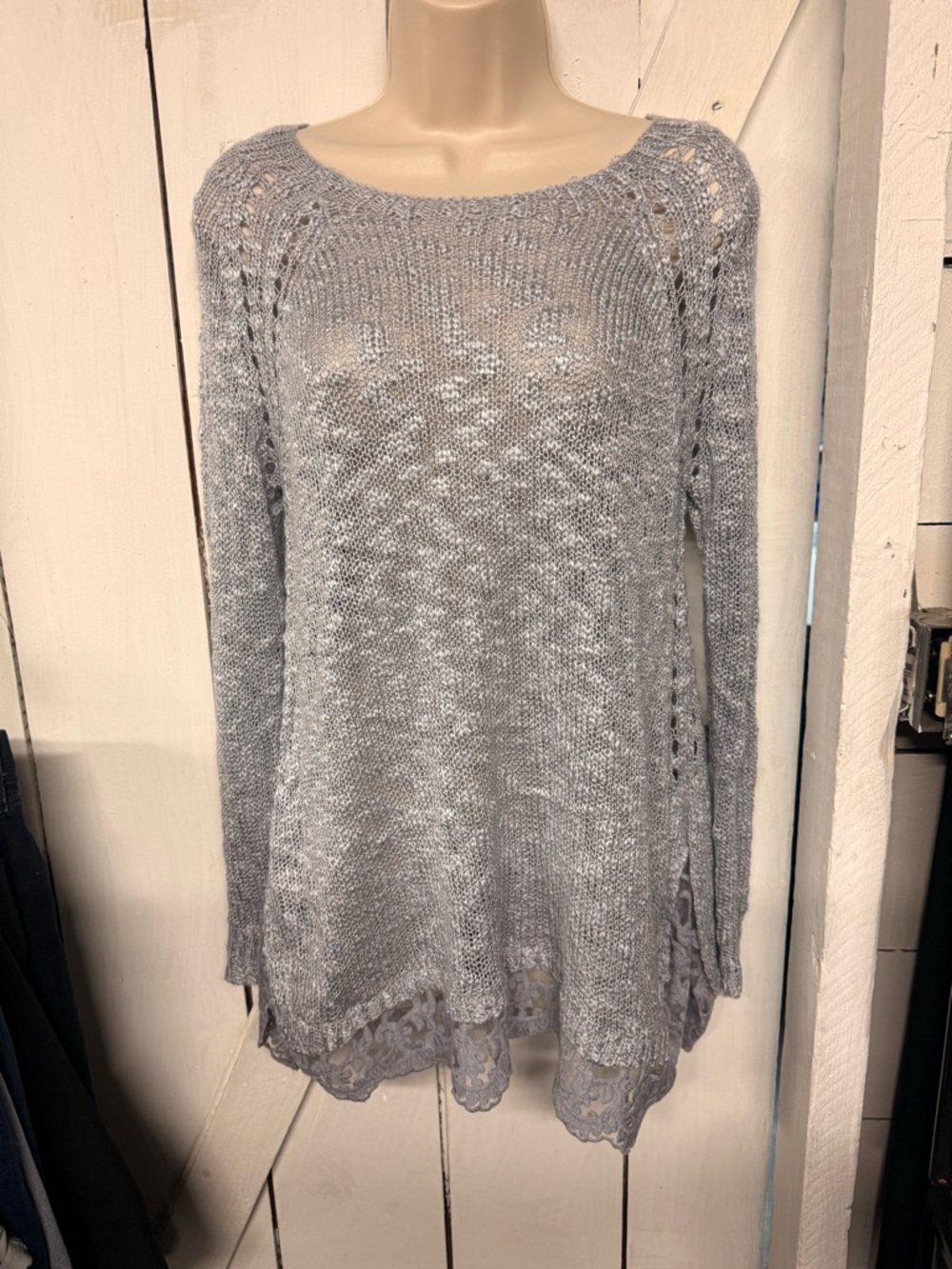Women's Light Gray Open-Knit Scoop Neck Sweater with Lace Trim